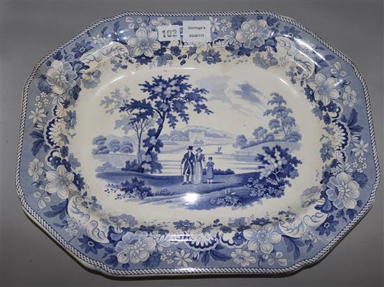 A Staffordshire pottery blue and white meat dish, printed with a family walking in a country park